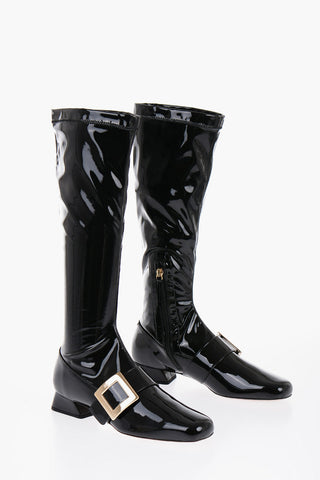 Patent Leather Stretchy High Boots with Buckle 3cm