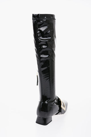 Patent Leather Stretchy High Boots with Buckle 3cm