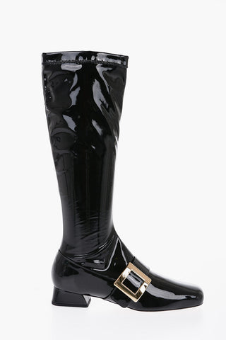 Patent Leather Stretchy High Boots with Buckle 3cm