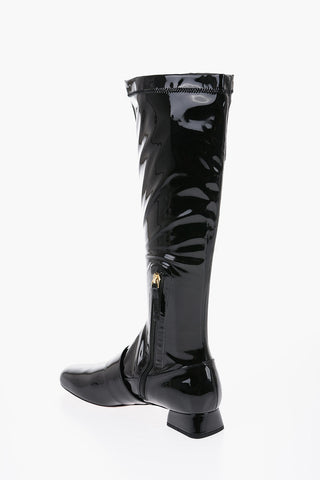 Patent Leather Stretchy High Boots with Buckle 3cm
