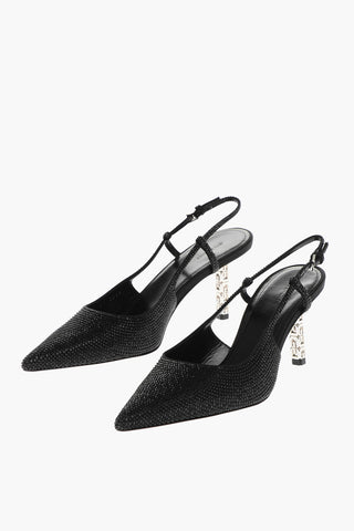 Point Toe Rhinestoned Slingbacks with Logoed Heel 7cm