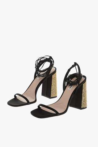 Satin Sandals with Squared Rhinstoned Heel 10cm