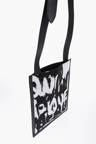 Printed Fabric Flat Bag with Leather Detail