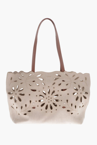Linen Shoulder Bag With Cutouts And Leather Handles