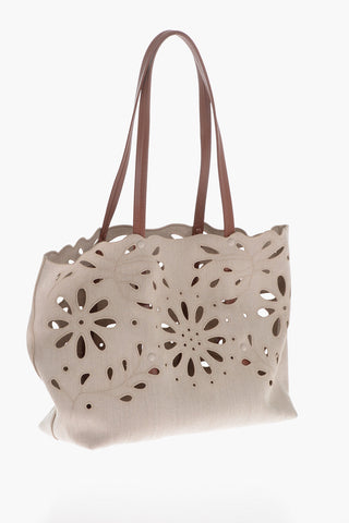 Linen Shoulder Bag With Cutouts And Leather Handles