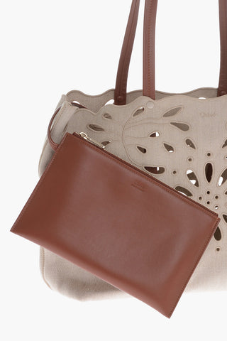 Linen Shoulder Bag With Cutouts And Leather Handles