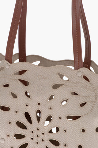 Linen Shoulder Bag With Cutouts And Leather Handles