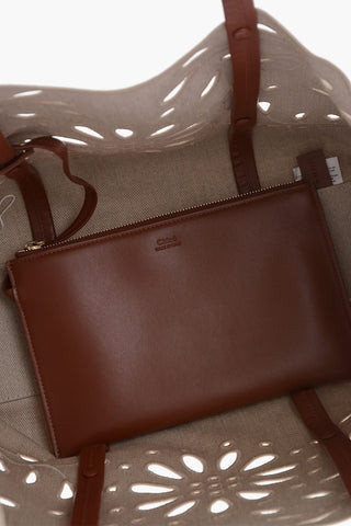 Linen Shoulder Bag With Cutouts And Leather Handles
