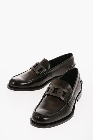 Brushed Leather Loafers With Chain Deatil