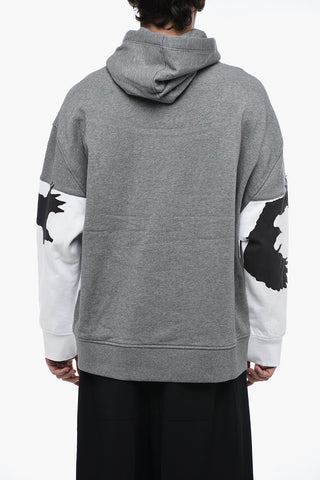 Felpa Hoodie in Cotone Felpato con Applicazioni in Suede