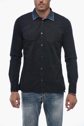 Gabardine Cotton Shirt with Distressed Denim Collar