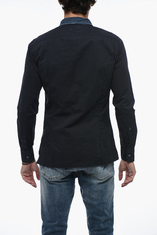 Gabardine Cotton Shirt with Distressed Denim Collar