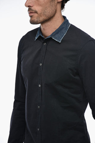 Gabardine Cotton Shirt with Distressed Denim Collar