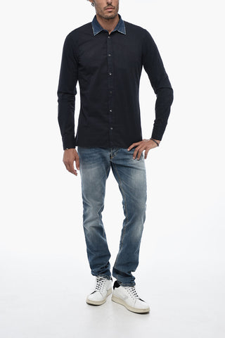 Gabardine Cotton Shirt with Distressed Denim Collar