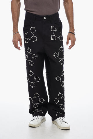 Stright Fit Pants With Rhinestones Detail