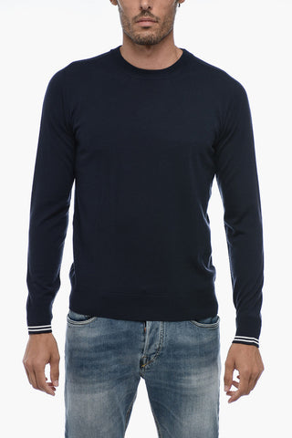 Virgin Wool Sweater with Striped Cuffs
