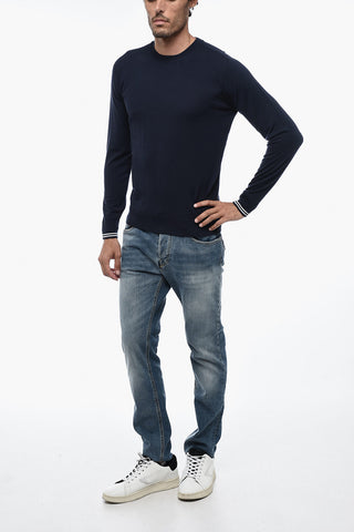Virgin Wool Sweater with Striped Cuffs