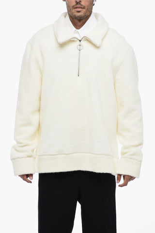 Fuzzy Half Zipped Sweater with Embroidered Logo