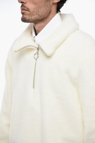 Fuzzy Half Zipped Sweater with Embroidered Logo
