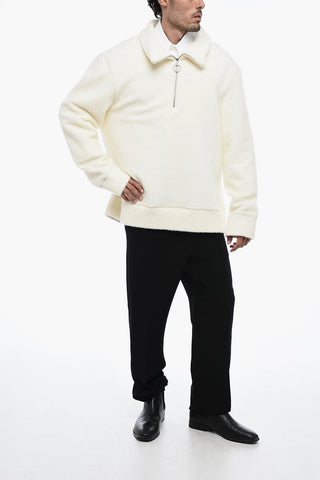 Fuzzy Half Zipped Sweater with Embroidered Logo