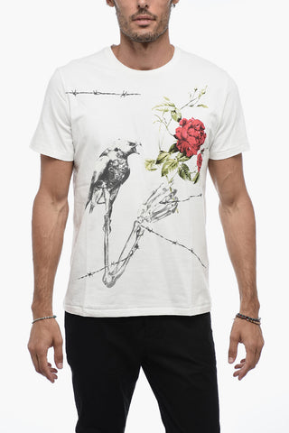 Crew Neck ROSE Cotton T-Shirt with Print