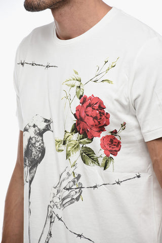 Crew Neck ROSE Cotton T-Shirt with Print