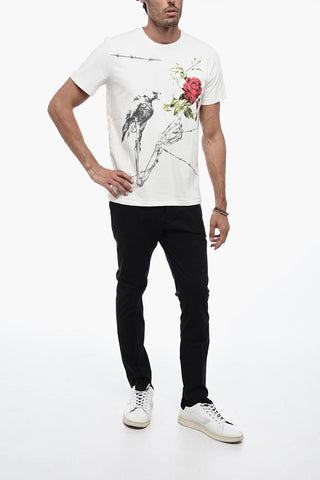 Crew Neck ROSE Cotton T-Shirt with Print