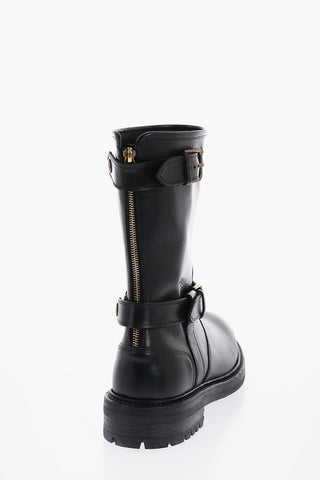 Zipped Closure Leather Boots With Buckles
