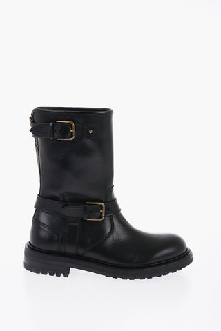 Zipped Closure Leather Boots With Buckles