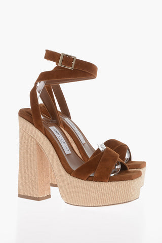 Suede GAIA Platform Sandals with Rafia Heel 14cm