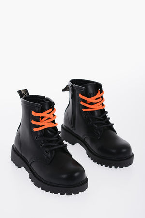 Leather Combat Boots with Side Zip