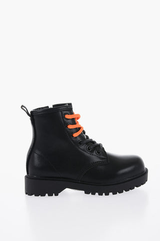 Leather Combat Boots with Side Zip