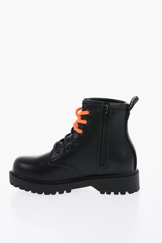 Leather Combat Boots with Side Zip