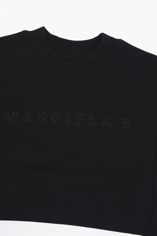 MM6 Brushed Cotton Crewneck Sweatshirt with Logo Embellished with Strass