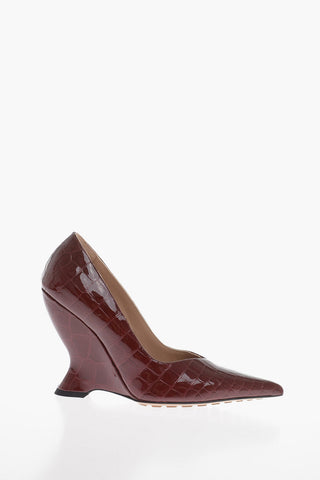 Crocodile Printed GLOSS CROC Leather Pumps with Wedge Heel 10cm