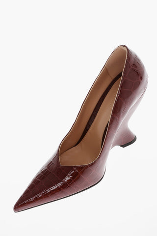 Crocodile Printed GLOSS CROC Leather Pumps with Wedge Heel 10cm