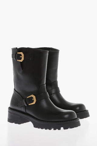 Leather Biker Booties with Brass Buckles
