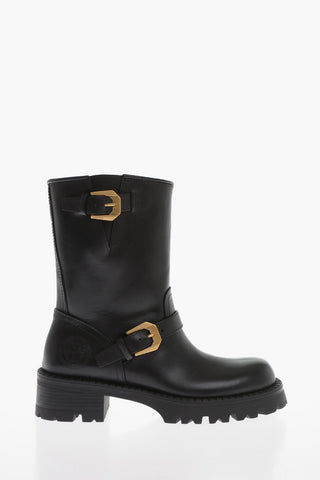 Leather Biker Booties with Brass Buckles