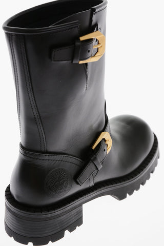 Leather Biker Booties with Brass Buckles