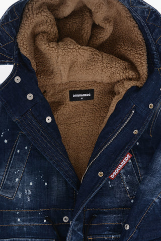 Giubbotto in Denim Stretch con Cappuccio e Fodera in Ecopelliccia