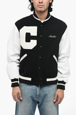 Bomber in Lana Logato con Maniche in Pelle