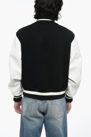 Bomber in Lana Logato con Maniche in Pelle
