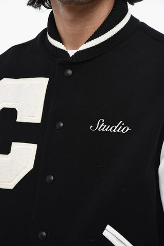 Bomber in Lana Logato con Maniche in Pelle