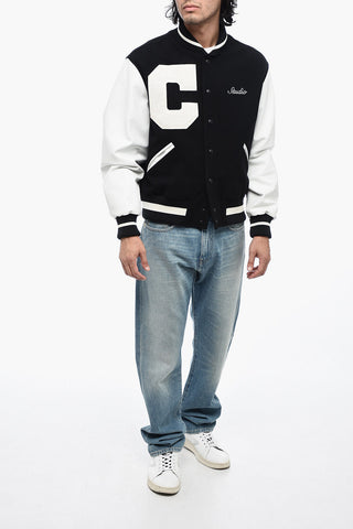 Bomber in Lana Logato con Maniche in Pelle