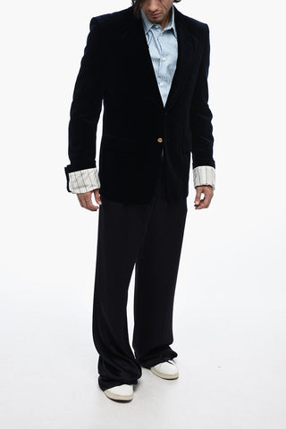 Blazer in Velluto con Polsini a Contrasto