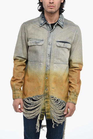 Distressed Denim Overshirt with Fringed Hem