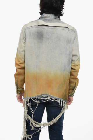 Distressed Denim Overshirt with Fringed Hem