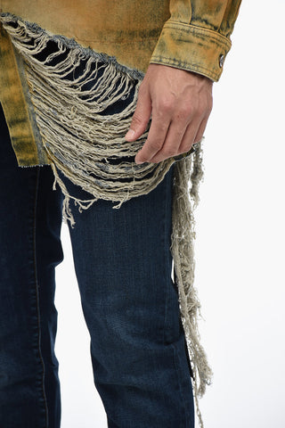 Distressed Denim Overshirt with Fringed Hem