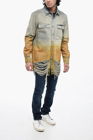 Distressed Denim Overshirt with Fringed Hem