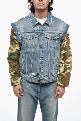 Giubotto in Denim Distressed con Maniche in Fantasia Camouflage